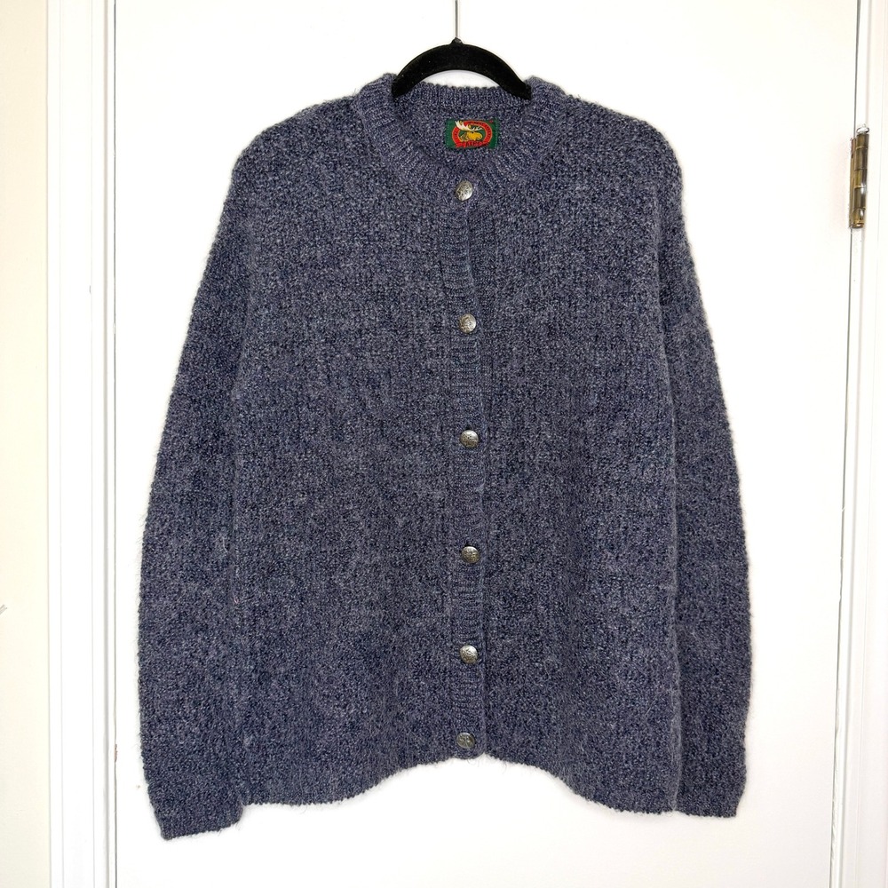 Vintage Alps Fine Mohair Blend Cardigan Purple Blue Chunky Knit Button Medium